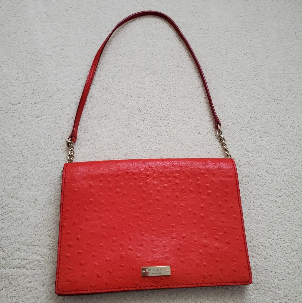Kate Spade Portola Valley Ostrich Embossed Leather Shoulder Bag in Spice Red